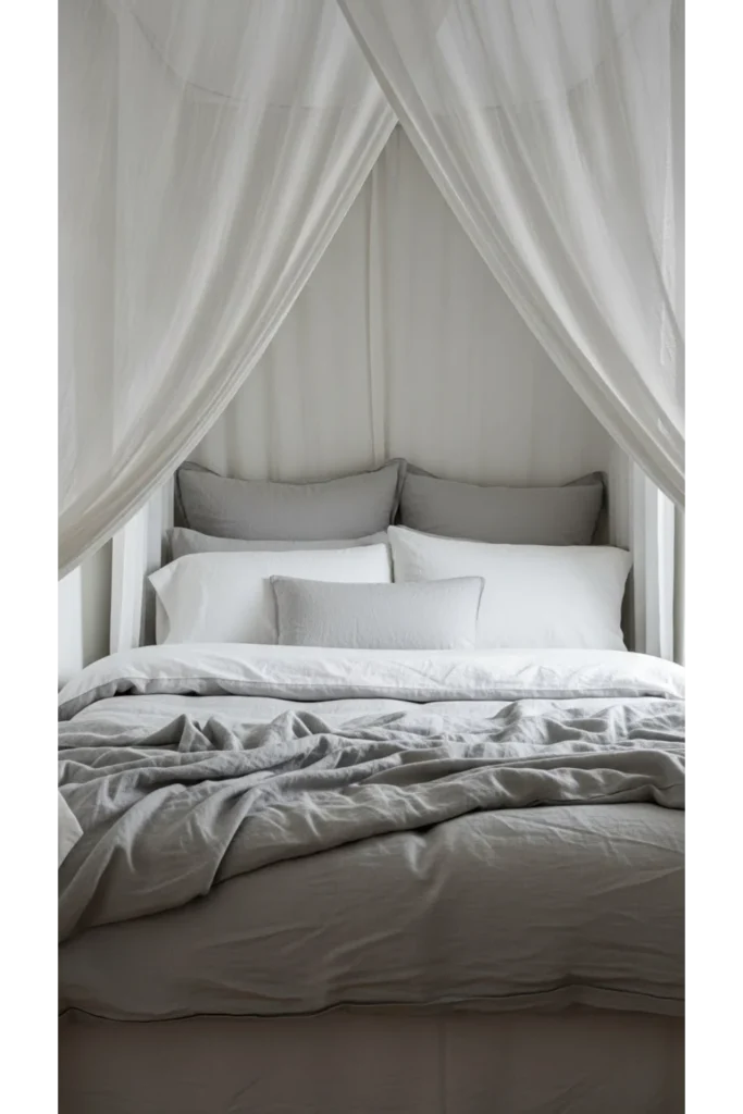 Small bedroom ideas with canopy bed that feel open and intentional 8 Bedding that keeps the room visually light