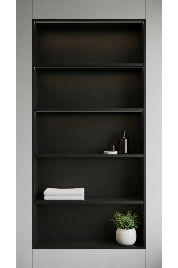 23 Black Bathroom Ideas Bold Modern Look 18 Black Built In Shelving