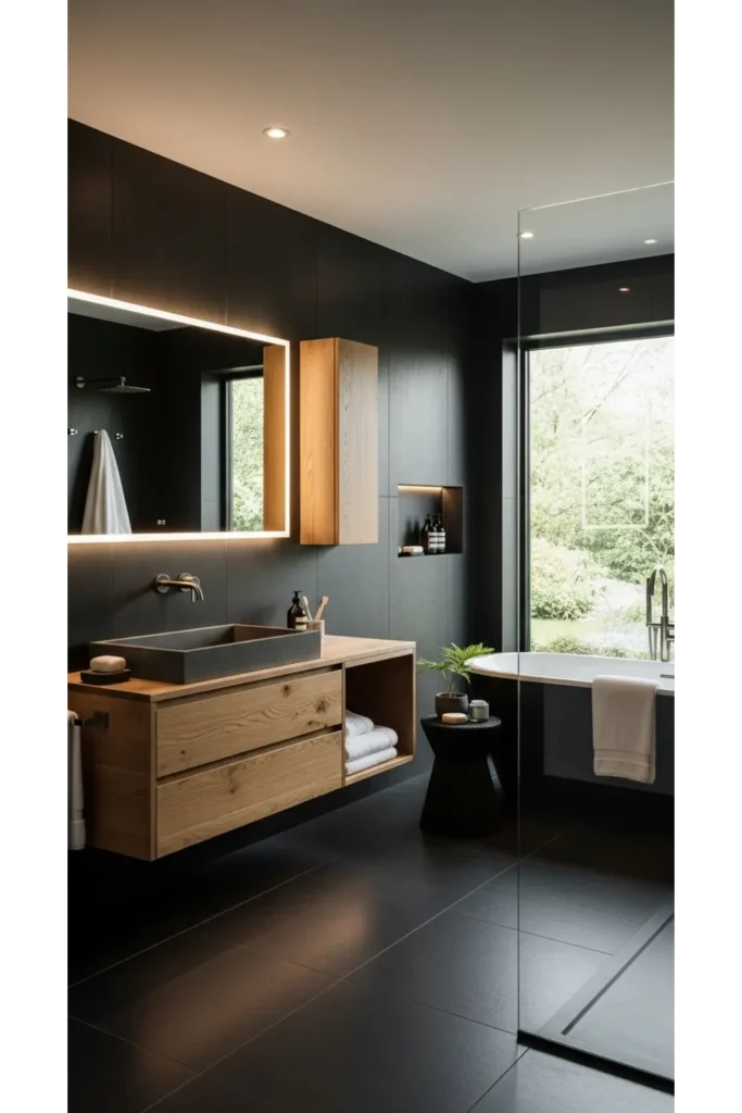 23 Black Bathroom Ideas Bold Modern Look 7 Black and Wood Balance for Warmth