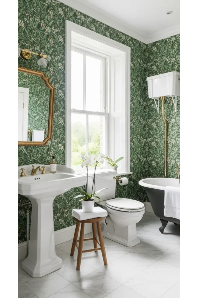 23 Green Bathroom Designs: Fresh Ideas 7 Botanical Wall Feature