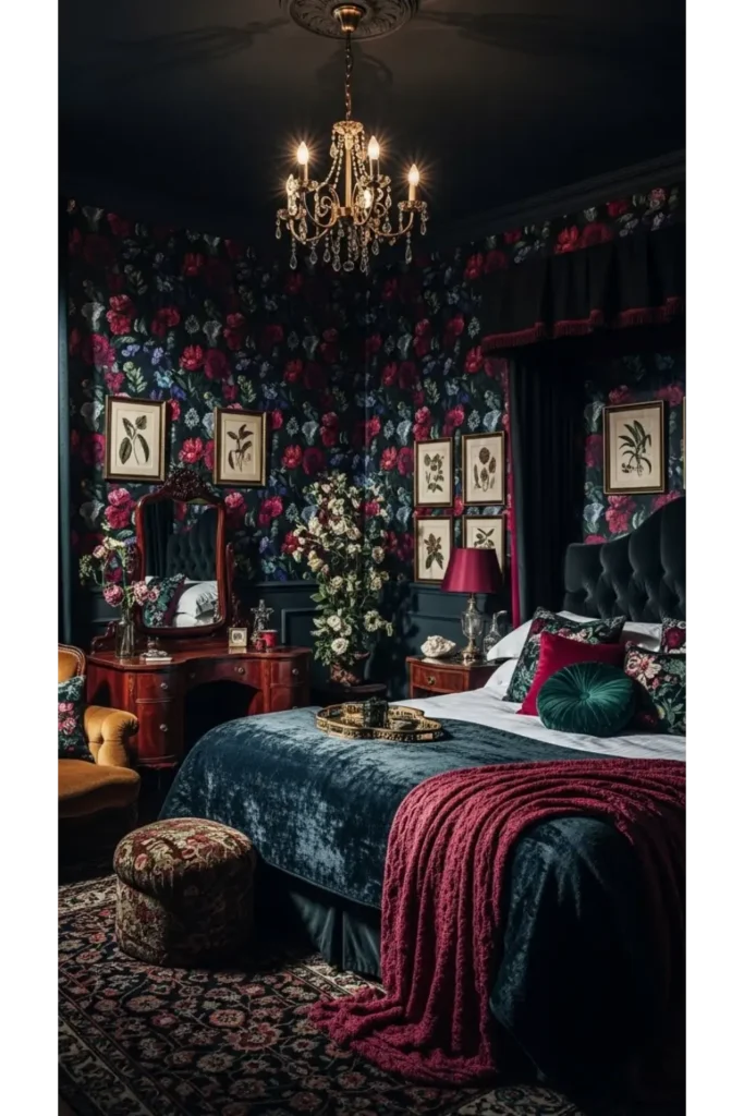 23 Moody Bedroom Inspirations For Dramatic Look 3 Dark Floral Accent Wall Bedroom