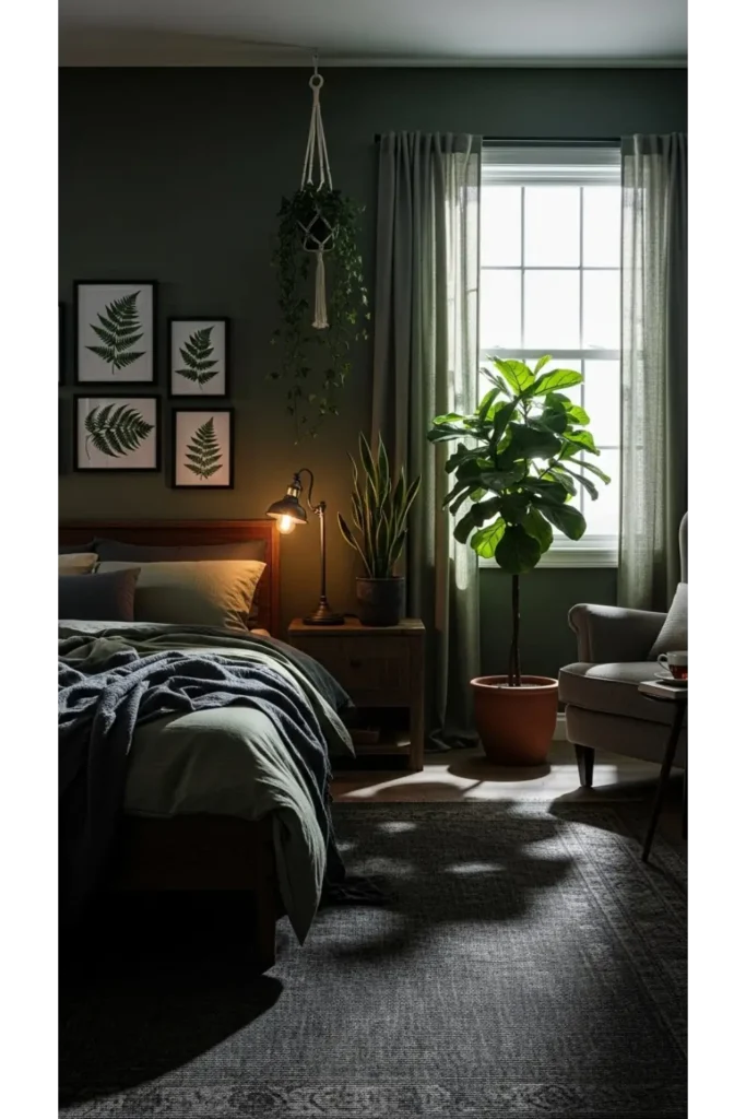 23 Moody Bedroom Inspirations For Dramatic Look 10 Dark Green Nature-Inspired Bedroom