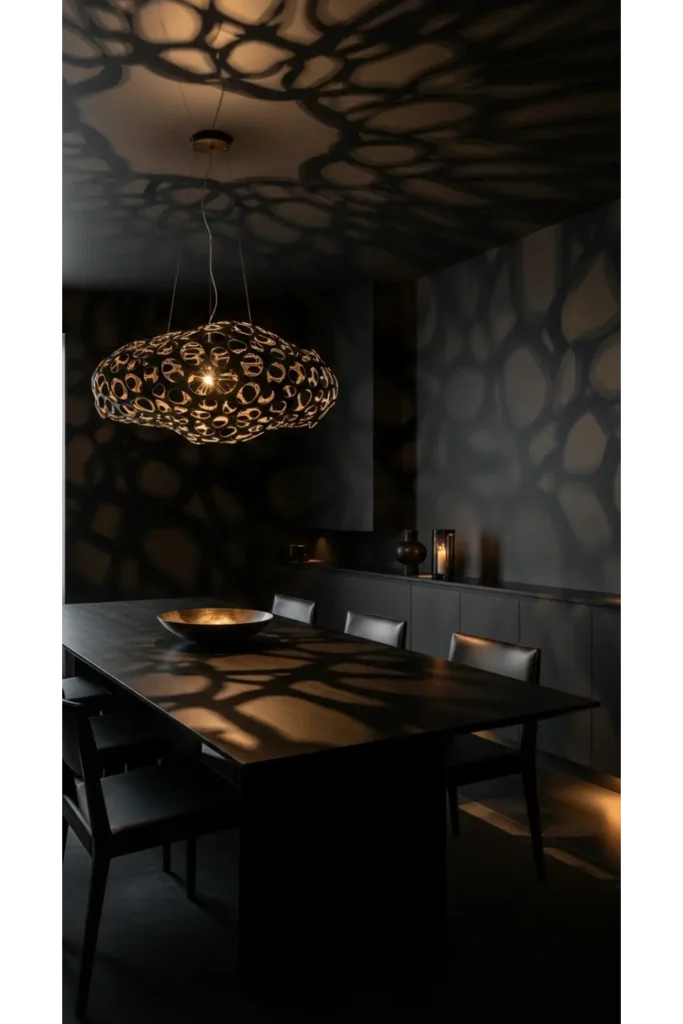 Moody Dining Room Designs Bold Look 23 Ideas 2 Deep Charcoal Walls With Sculptural Lighting