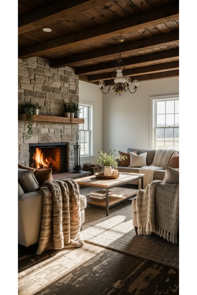 22 Farmhouse Living Room Inspirations for Rustic Charm 3 Exposed Wood Beams for Instant Warmth