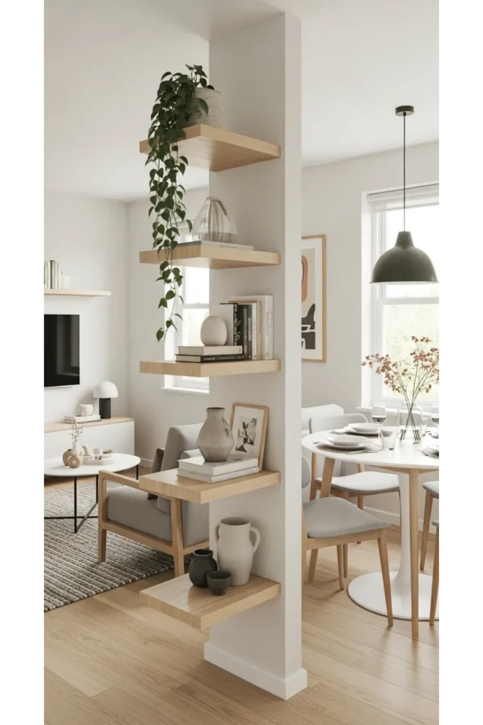 Small Living Room With Dining Area Layouts 23 Ideas 15 Floating Shelves for Visual Balance