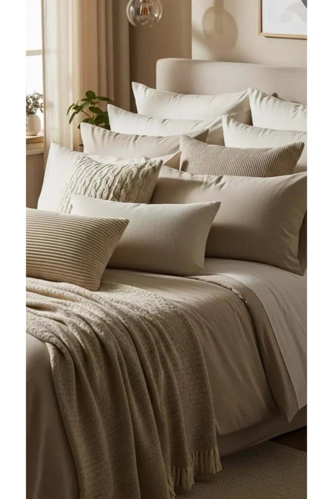 23 Earthy Bedroom Ideas For Natural Warm Ambience 23 Layered Neutral Pillows