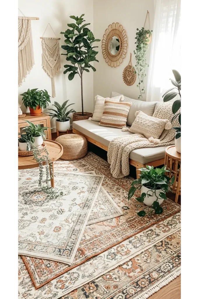 22 Boho Living Room Designs Relaxed Chic Vibes 3 Layered Rugs For Visual Warmth