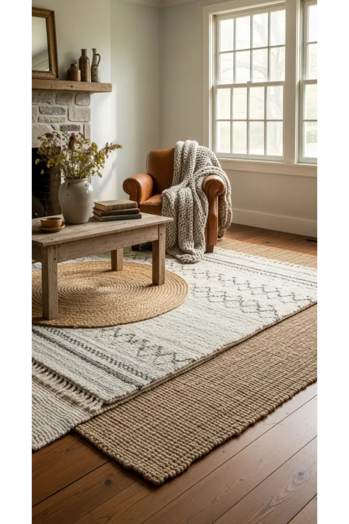 22 Farmhouse Living Room Inspirations for Rustic Charm 8 Layered Rugs for Lived In Comfort