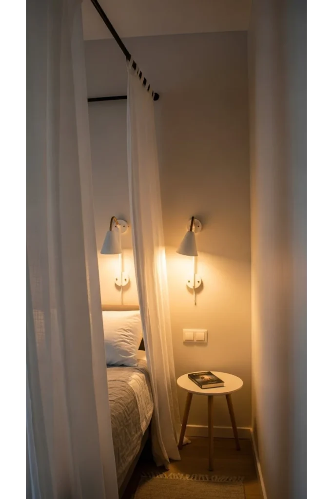 Small bedroom ideas with canopy bed that feel open and intentional 7 Lighting that saves space and adds calm