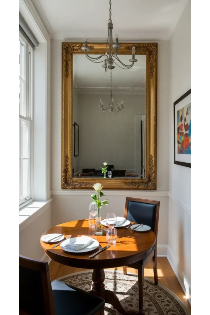 21 Tiny Dining Room Ideas That Save Space 13 Mirror to expand space