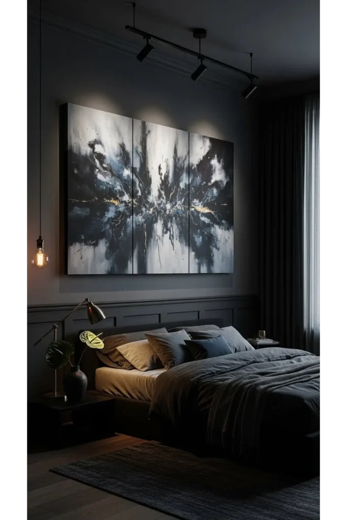 23 Moody Bedroom Inspirations For Dramatic Look 15 Moody Bedroom With Art Focus