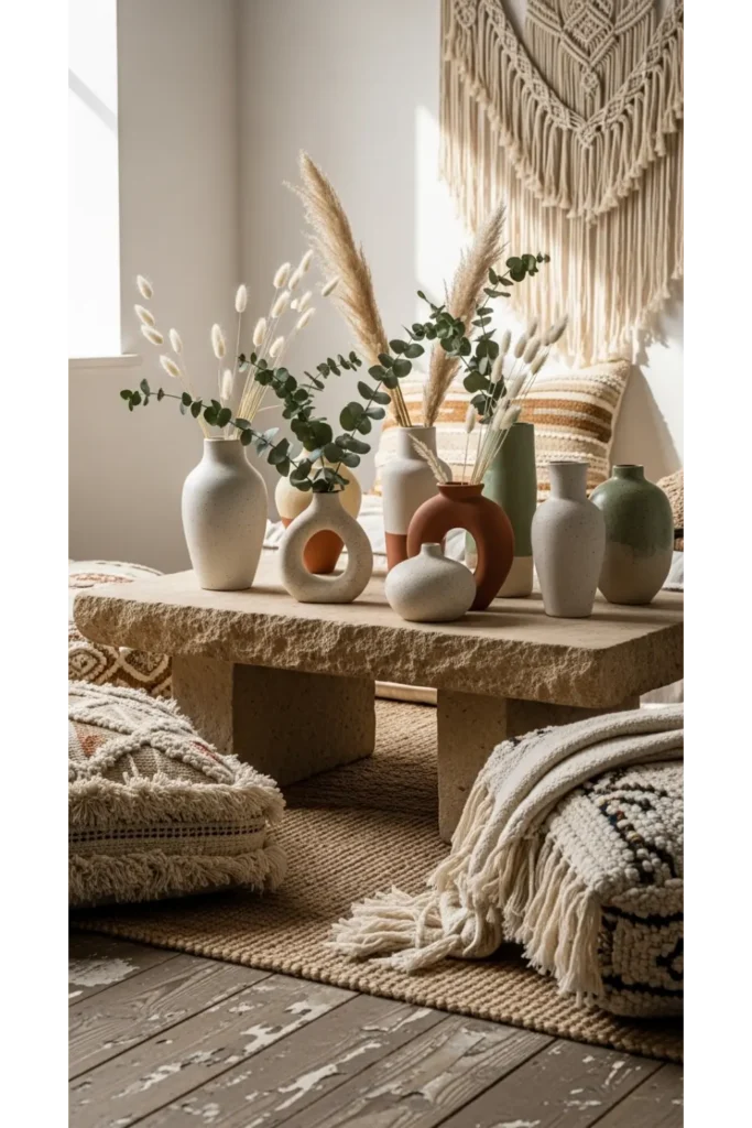 22 Boho Living Room Designs Relaxed Chic Vibes 18 Natural Stone And Ceramic Touches