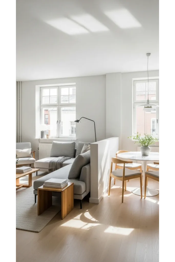 Small Living Room With Dining Area Layouts 23 Ideas 2 Open Flow Zoning With a Sofa Divider