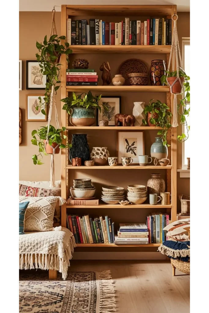 22 Boho Living Room Designs Relaxed Chic Vibes 11 Open Shelving With Curated Decor