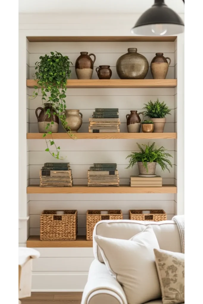 22 Farmhouse Living Room Inspirations for Rustic Charm 10 Open Shelving with Thoughtful Styling