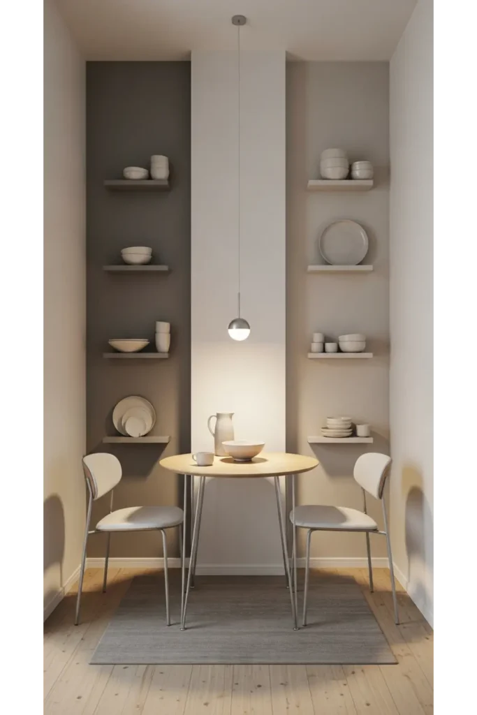 21 Tiny Dining Room Ideas That Save Space 18 Slim vertical display ledges for dining walls