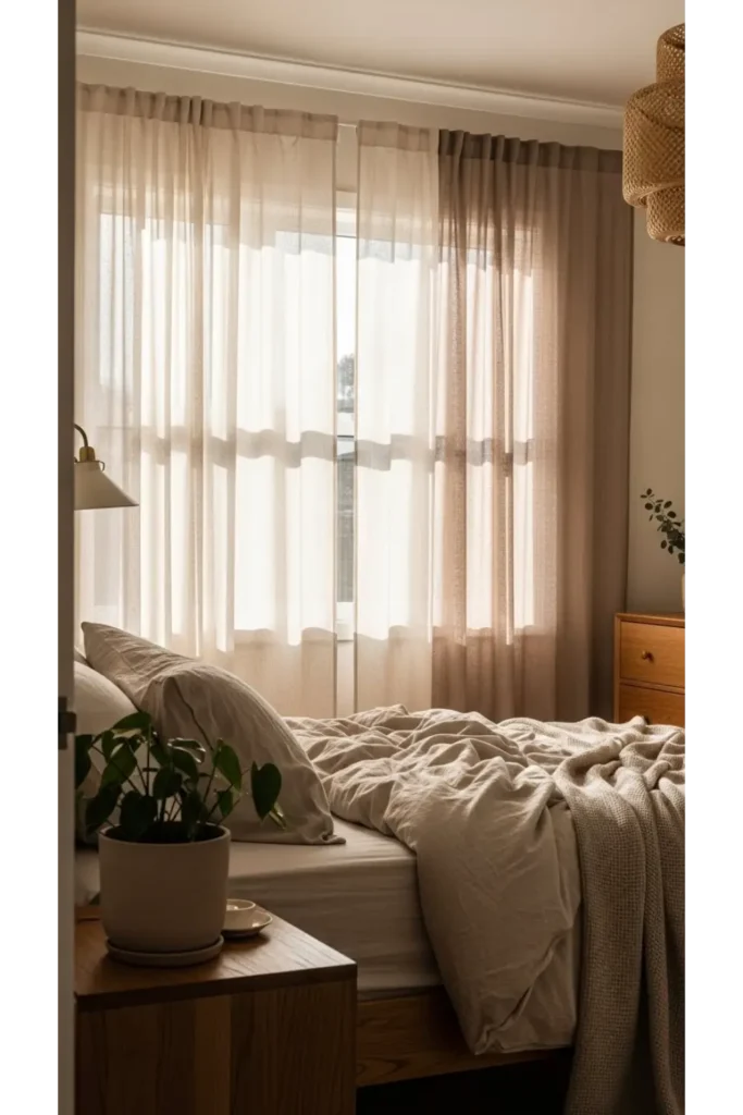 23 Earthy Bedroom Ideas For Natural Warm Ambience 7 Soft Linen Or Cotton Curtains