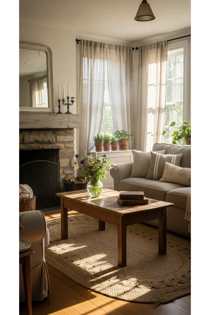 22 Farmhouse Living Room Inspirations for Rustic Charm 22 Soft Window Treatments