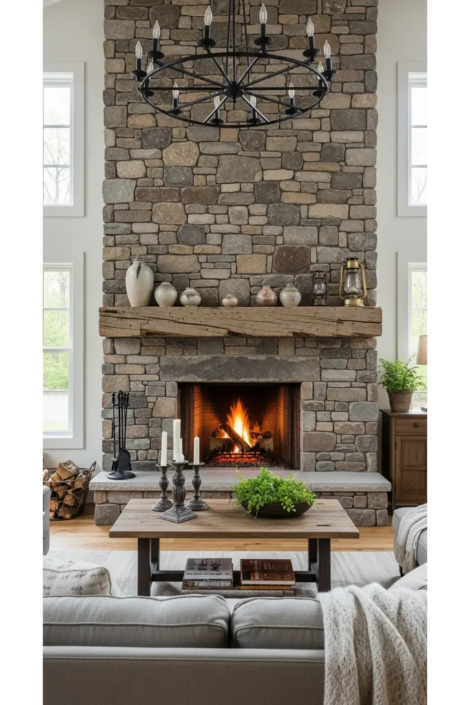 22 Farmhouse Living Room Inspirations for Rustic Charm 4 Stone Fireplace as a Rustic Focal Point