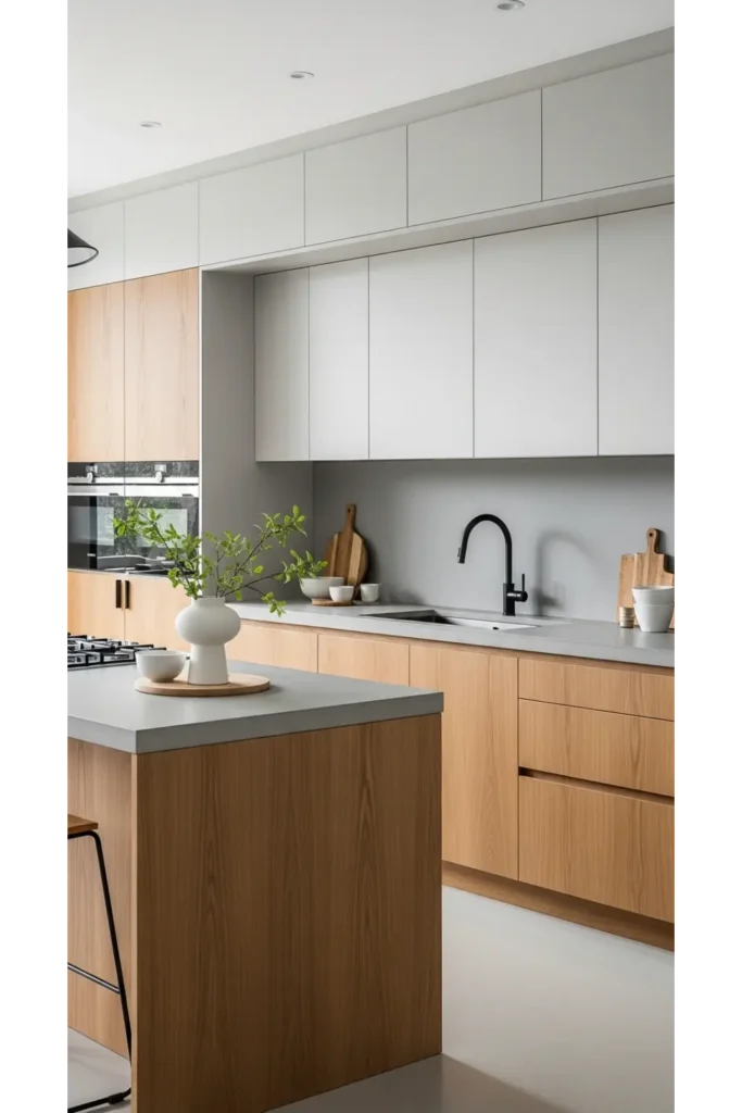 Warm Wood Lowers With Soft Gray Uppers