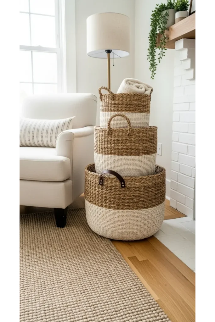 22 Farmhouse Living Room Inspirations for Rustic Charm 15 Woven Baskets for Storage