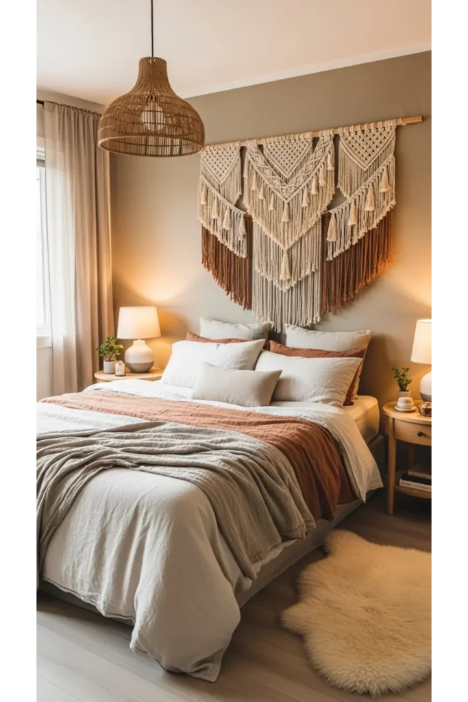 23 Earthy Bedroom Ideas For Natural Warm Ambience 11 Woven Wall Art With Natural Fibers