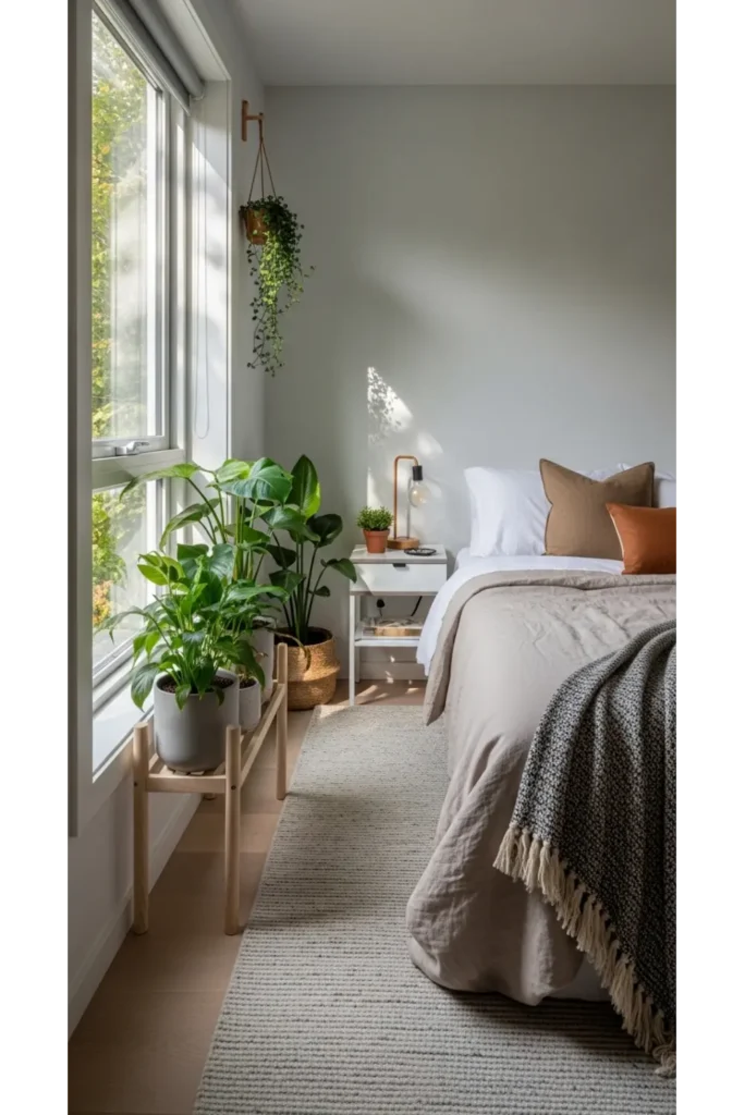 22 Small Bedroom Ideas to Maximize Comfort and Space 23 Add Indoor Plants for Soft Energy