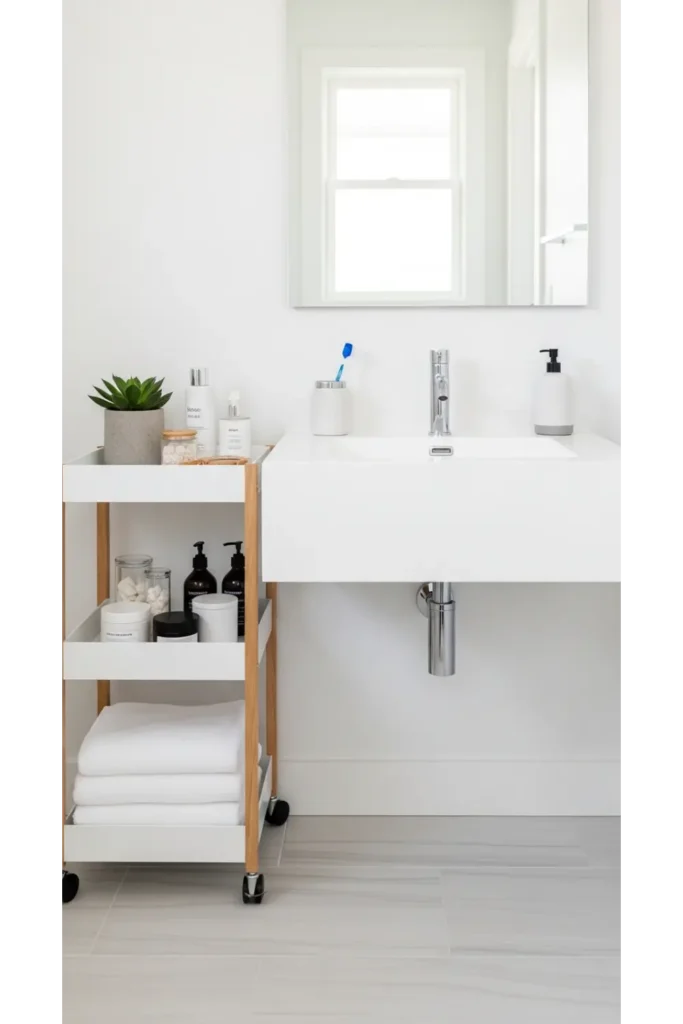24+ Bathroom Organization Hacks for a Clutter-Free Space 4 Add a Slim Rolling Cart for Tight Spaces