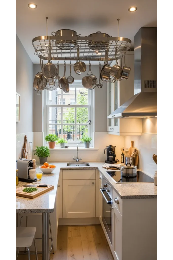 21 Small Kitchen Organization Hacks for Tiny Spaces 19 Ceiling Mounted Pot Racks