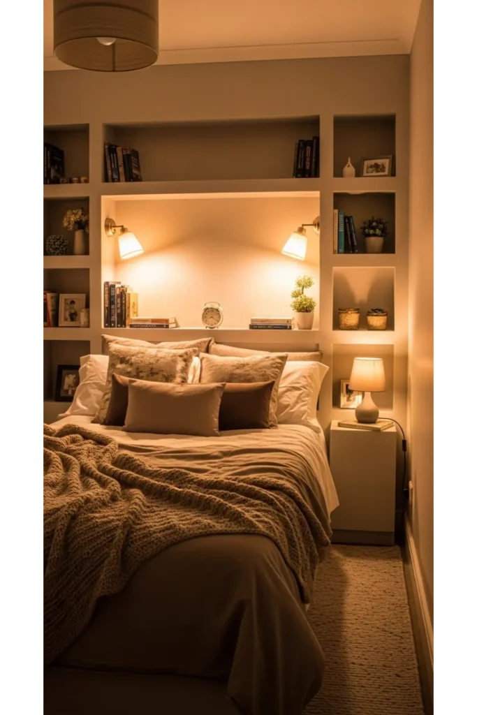 22 Small Bedroom Ideas to Maximize Comfort and Space 16 Create Built In Headboard Storage