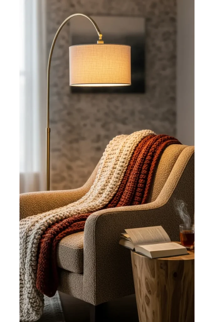 upholstered headboard, layered bedding, neutral palette bedroom, warm ambient lighting