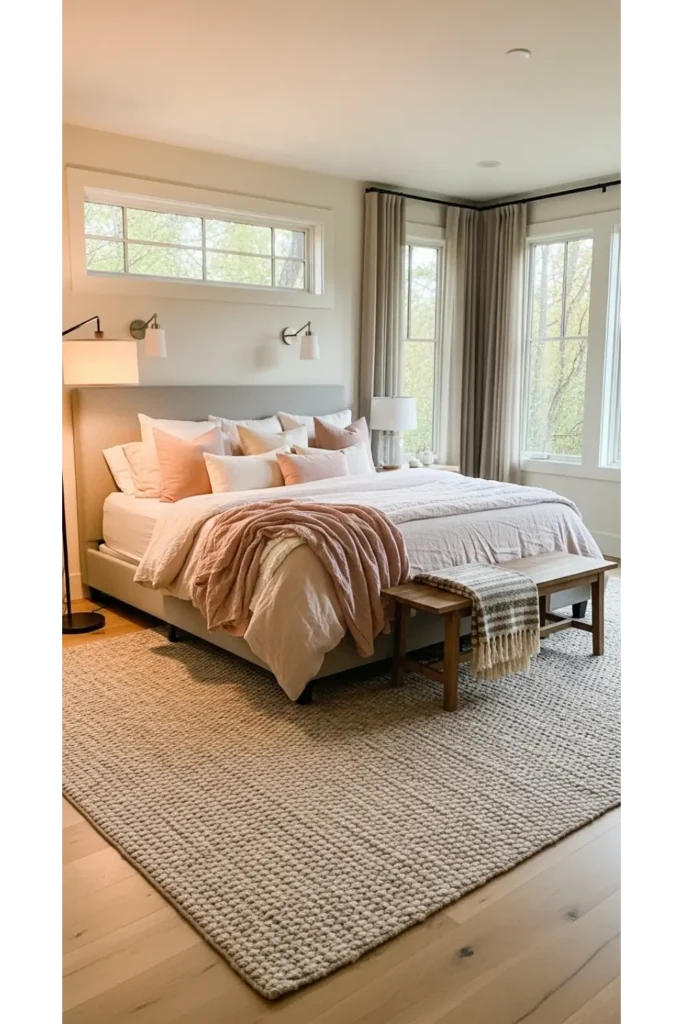 19+ Bedroom Layout Design Tricks for Comfort and Style 15 Define the Bed With a Large Area Rug