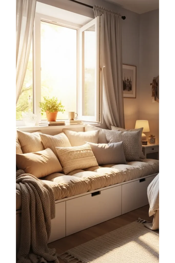 22 Small Bedroom Ideas to Maximize Comfort and Space 6 Design a Window Bench with Storage