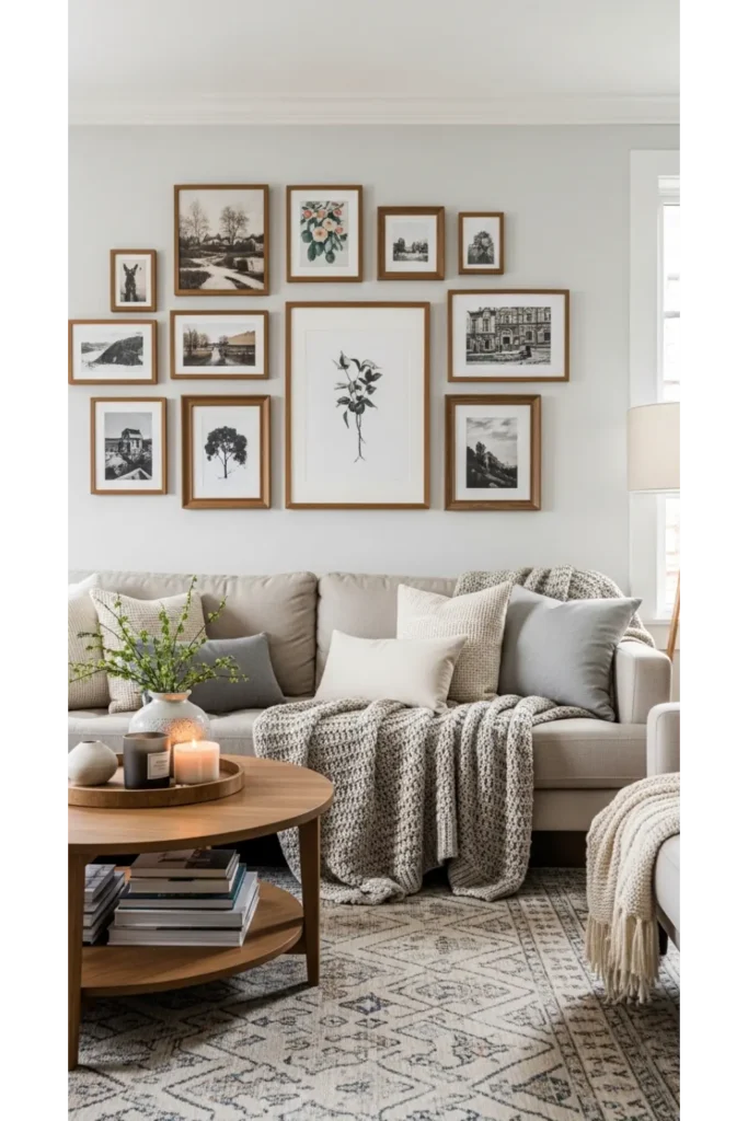 22+ Cosy Living Room Ideas Comfortable Stylish 15 Gallery Wall with Warm Frames