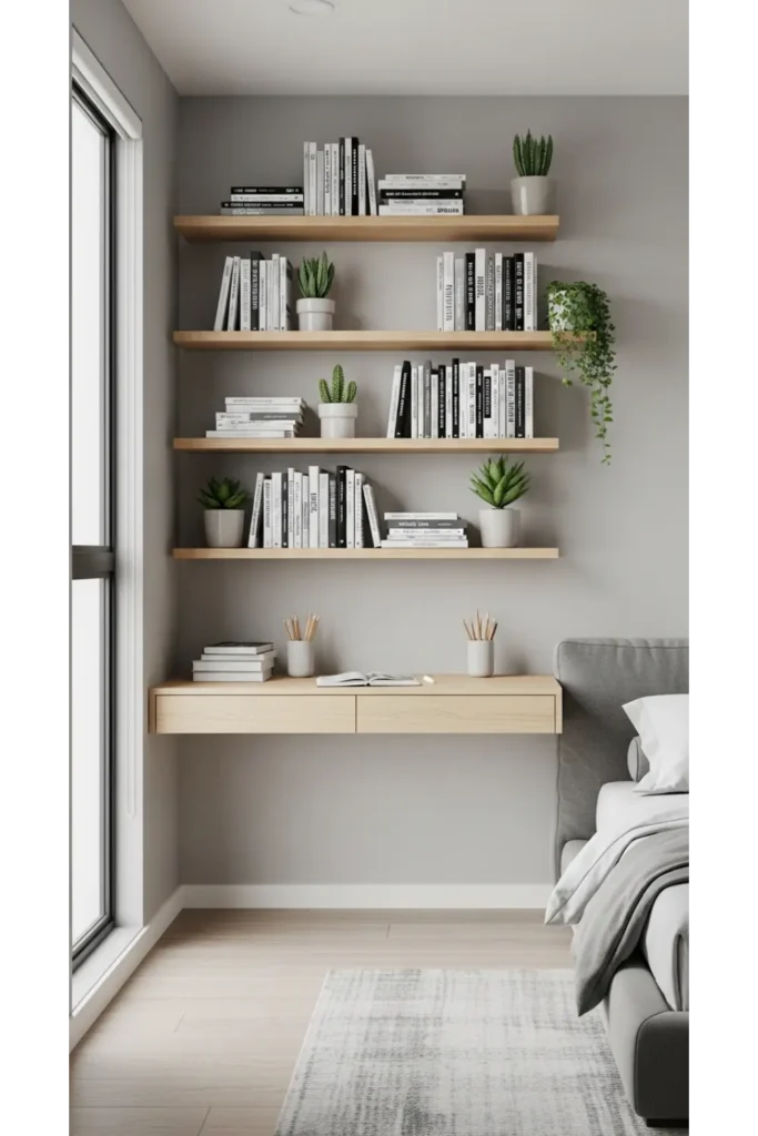 20+ bedroom inspo tips to transform your sleeping space 16 Install Floating Shelves