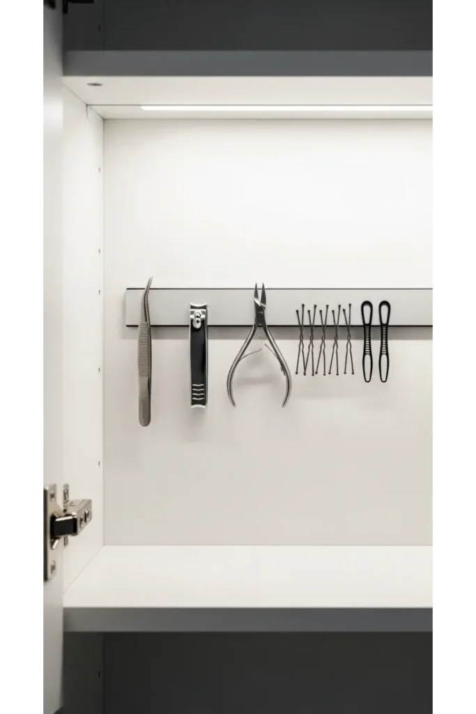 24+ Bathroom Organization Hacks for a Clutter-Free Space 9 Install a Magnetic Strip Inside Cabinet Doors