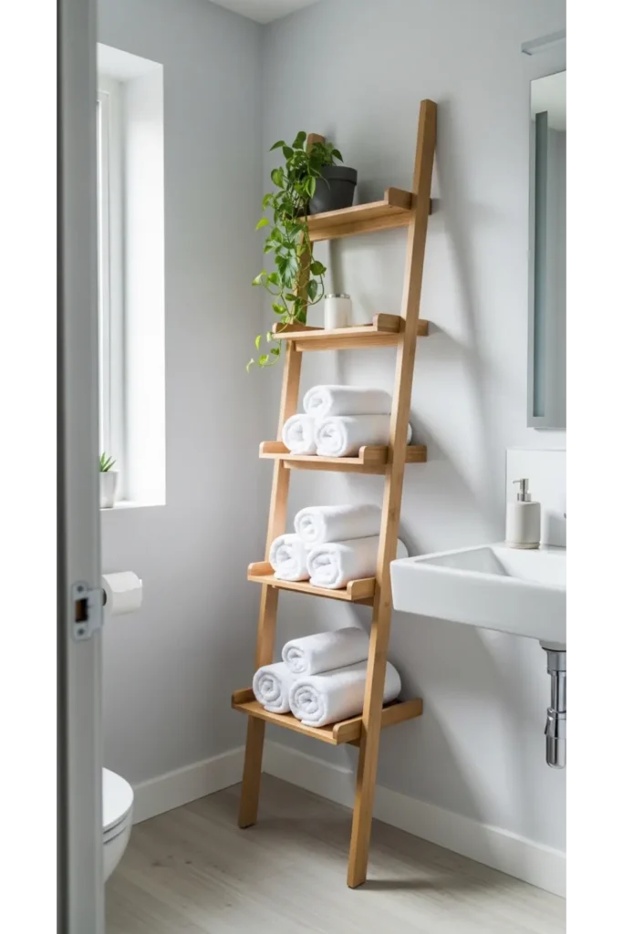 22 Tiny Bathroom Ideas Save Space With Style 12 Ladder Shelf for Vertical Display
