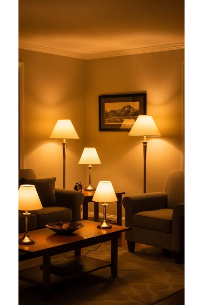 23+ Living Room Inspiration Ideas for Cozy Homes 5 Layered Lighting for Evening Comfort