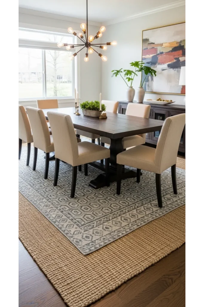 21 Dining Room Decor Ideas You’ll Love This Year 8 Layered Rugs for Comfort