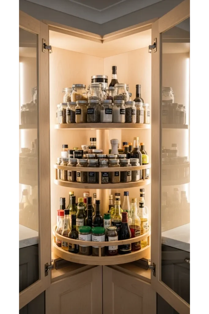 21 Small Kitchen Organization Hacks for Tiny Spaces 9 Lazy Susan for Corner Cabinets