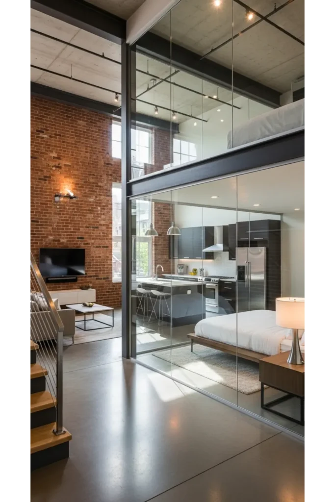 Loft with Glass Partition Bedroom