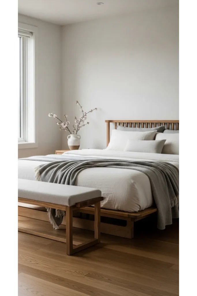 Japandi Bedroom 23 Calm Cozy Retreat Ideas 12 Low Wooden Bench