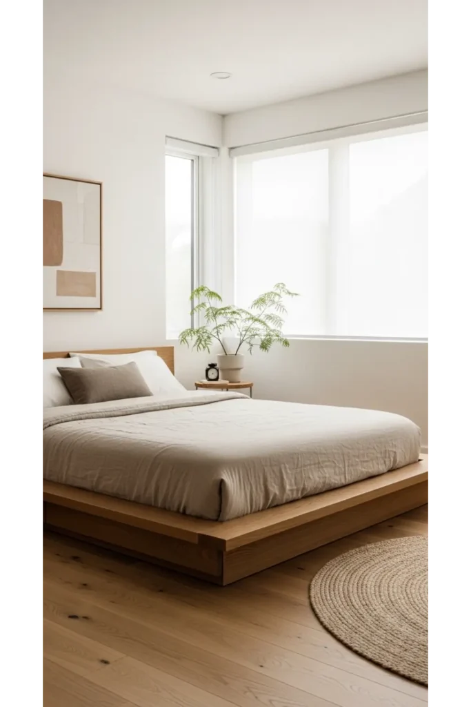 Japandi Bedroom 23 Calm Cozy Retreat Ideas 2 Minimal Platform Bed for a Japandi Bedroom
