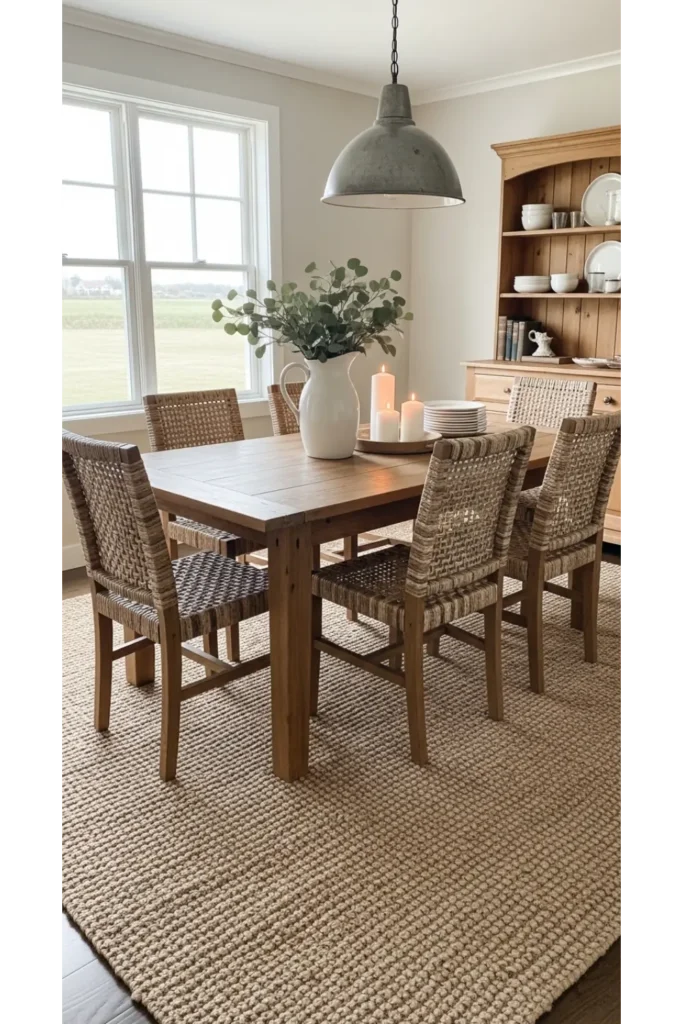 22+ Modern Farmhouse Dining Room Ideas 16 Natural Fiber Accented Dining Room