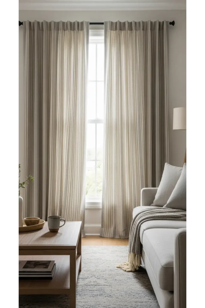 Curtains Living Room Inspirations 21+ Cozy Ideas That Add Privacy 14 Neutral Curtains with Subtle Stripe