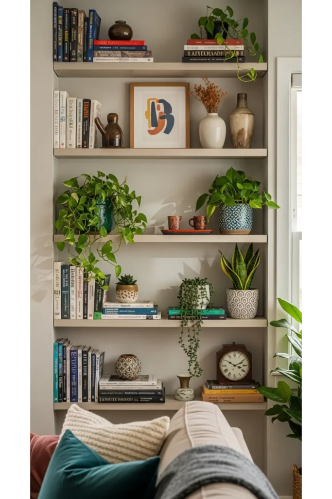 23+ Living Room Inspiration Ideas for Cozy Homes 13 Open Shelf Styling