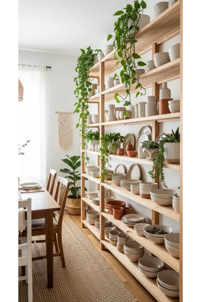 22+ Boho Dining Room Inspirations Relaxed Chic Vibes 10 Open Shelving With Curated Pieces
