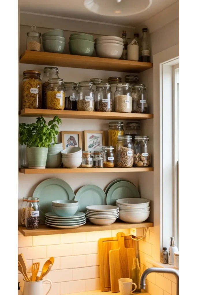 21 Small Kitchen Organization Hacks for Tiny Spaces 6 Open Shelving with Zones