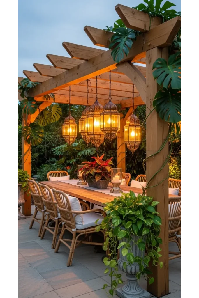 Balinese Inspired Outdoor Living 24 Designs 5 Outdoor Dining Under a Pergola