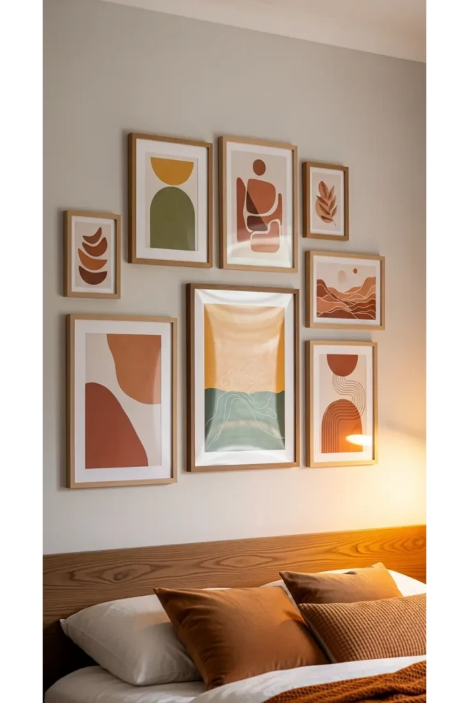 17+ Warm Bedroom Aesthetic Ideas for a Cozy Atmosphere 15 Personal Gallery Wall With Soft Frames